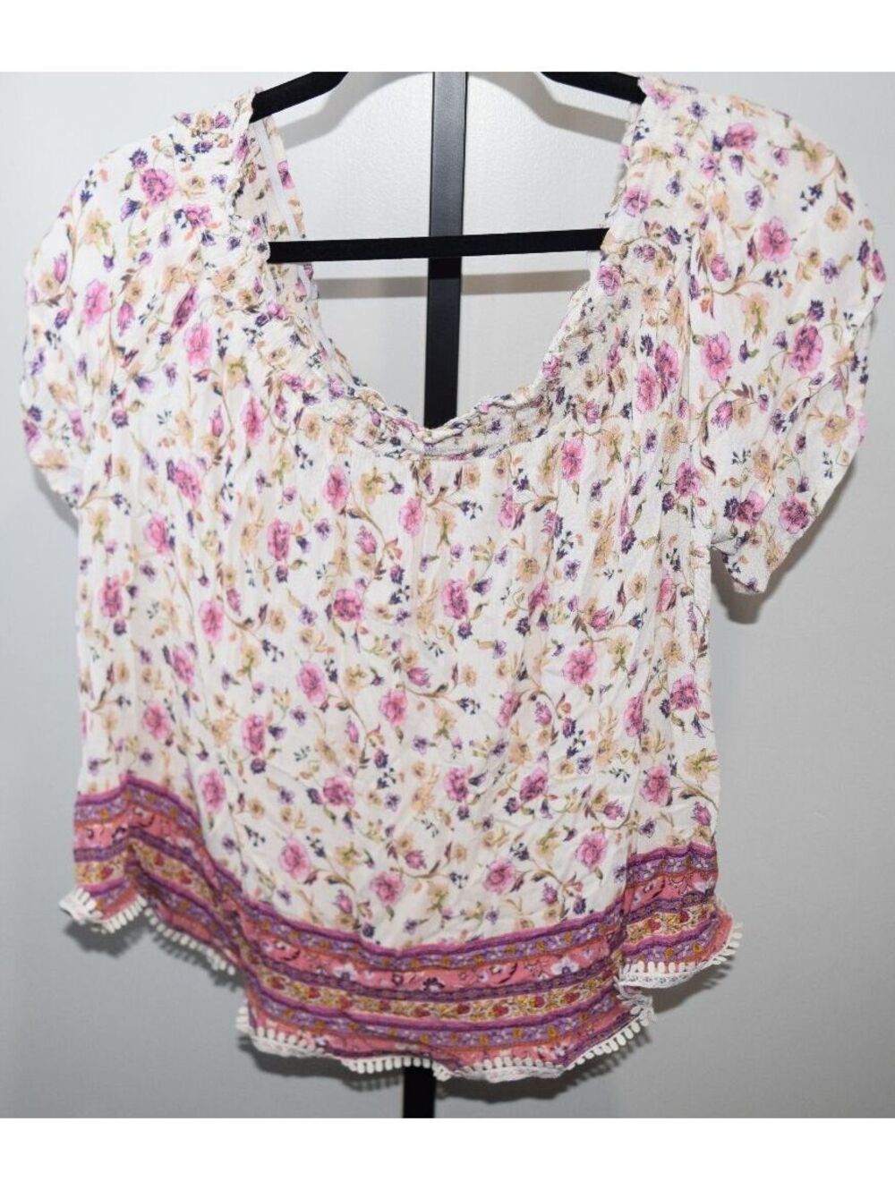 Rewind Floral Pattern Short Sleeve Blouse with Border Trim, Size XXL